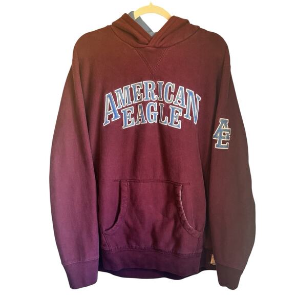 Y2K Vintage American Eagle Hoodie Mens XL Spellout Maroon Heavyweight Sweatshirt - Picture 1 of 8